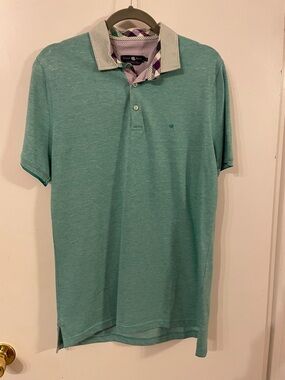 Stone Rose Teal Heather Polo with Striped Contrast Collar